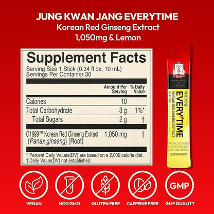 Everytime Korean Red Ginseng Extract 1,050mg & Lemon - Vegan Energy Drink Liquid Stick Supplements - Builds Stamina & Immunity, Non-GMO (10 Sticks, 0.34 fl oz)