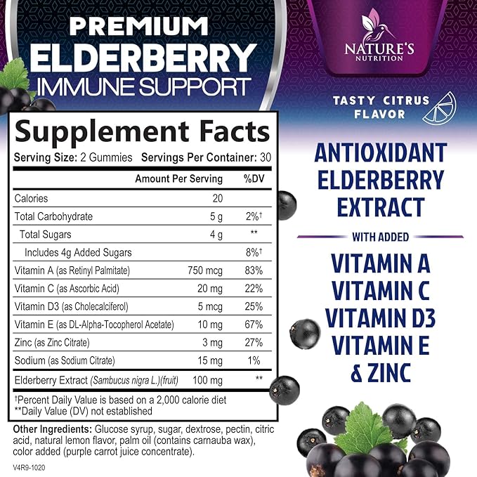 Immune Support Gummies - Sambucus Elderberry Gummy with Elder Berry Extract, Zinc & Vitamin C, Natural Vegan Immune Support Supplement for Adults & Children, Gummy Elderberry Vitamins - 60 Gummies