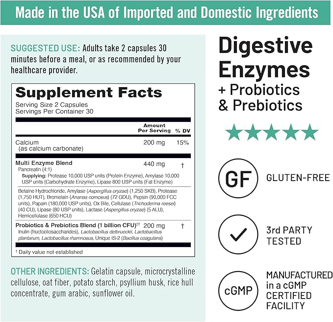 NatureWise Digestive Enzymes - Multi Enzymes with Probiotics + Prebiotics - Post Mealtime Comfort & Bloating Support + Aids Digestion and Gut Health - Soy-Free, Non-GMO - 60 Capsules[1-Month Supply]