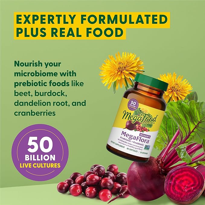 MegaFood MegaFlora Probiotics for Women + Prebiotics and Probiotics with 14 Strains & 50 Billion CFUs, with Cranberry for Women Digestive Health, Vegetarian- 90 Capsules (45 Servings)
