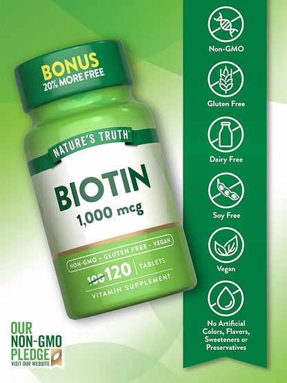 Nature's Truth Biotin 1000mcg | 120 Tablets | Vegan, Non-GMO, Gluten Free Supplement