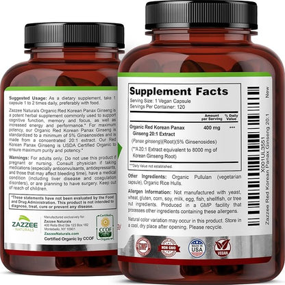 Zazzee USDA Organic Red Korean Panax Ginseng 20:1 Extract, 8000 mg Strength, 5% Ginsenosides, 120 Vegan Capsules, Standardized and Concentrated 20X Root Extract, 100% Vegetarian, All-Natural, Non-GMO