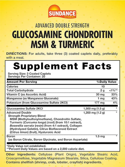 Sundance Glucosamine Chondroitin MSM and Turmeric | 60 Caplets | Double Strength | Non-GMO and Gluten Free Supplement