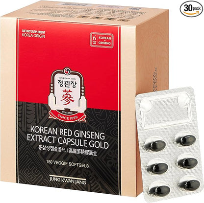 Korean Red Ginseng Extract Capsule Gold - Vegan Energy Supplements - Energy Boost & Immune Support, Caffeine Free & Non-GMO (600mg, 150 Capsules)