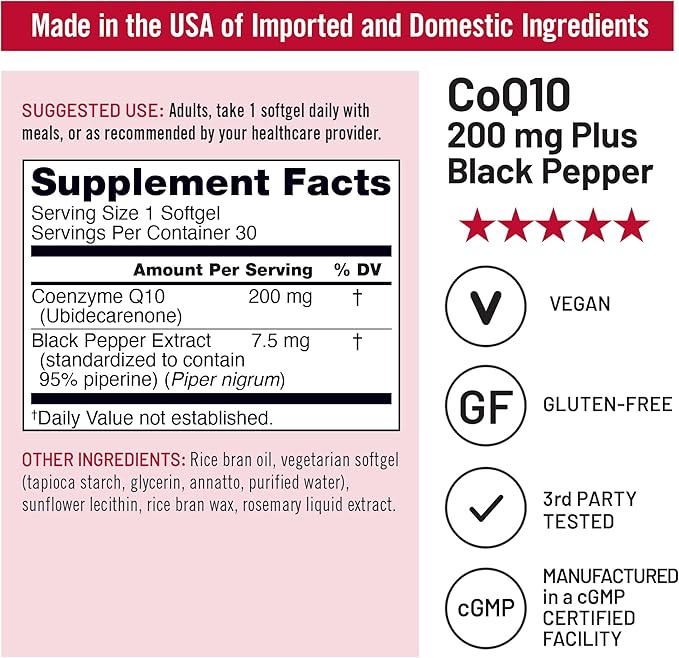 NatureWise CoQ10 200mg + Black Pepper Softgels - High Absorption Coenzyme Q10 + Black Pepper - Antioxidant for Heart Health + Cellular Energy - Vegan, Non-GMO, Gluten-Free - 30 Count[30-Day Supply]