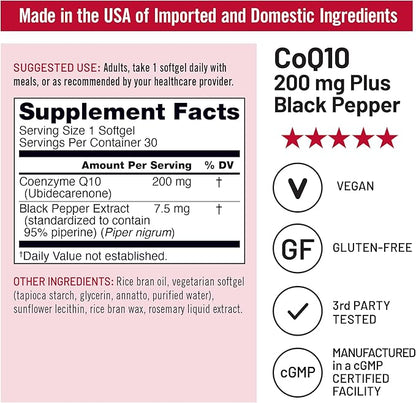 NatureWise CoQ10 200mg + Black Pepper Softgels - High Absorption Coenzyme Q10 + Black Pepper - Antioxidant for Heart Health + Cellular Energy - Vegan, Non-GMO, Gluten-Free - 30 Count[30-Day Supply]