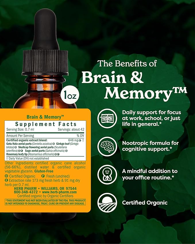 Herb Pharm Organic Nootropic Brain & Memory Supplement with Ginkgo Biloba Liquid Extract: Fast Absorption for Mental Focus Support, Ginkgo Supplement, Vegan, Gluten-Free, Non-GMO, 1 Oz