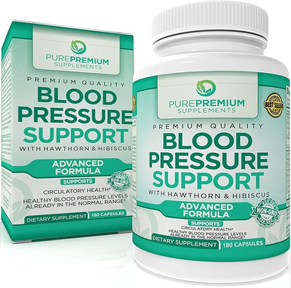 PurePremium Blood Pressure Support with Hawthorn Berry, Hibiscus - Nitric Oxide with Vitamin B6 - Garlic Supplements for Normal Nitric Oxide Supplement - 180 Caps