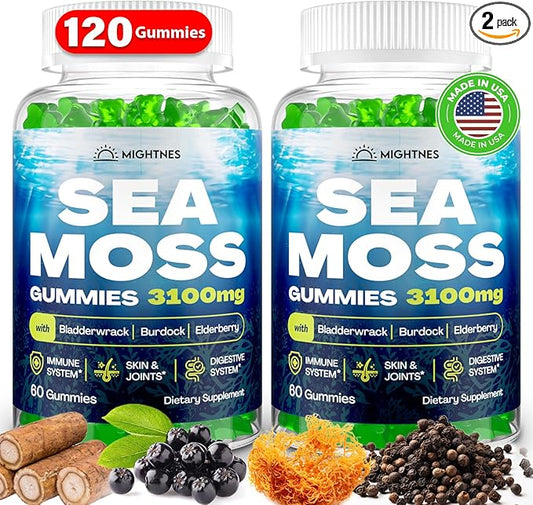 Sea Moss Gummies, 3100mg Irish True Sea Moss Seamoss Gummies for Women & Men with Bladderwrack, Burdock Root, Elderberry Vitamin C and Zinc for Detox Cleanse, Immune, Skin, Digestive, Organic, 120Ct