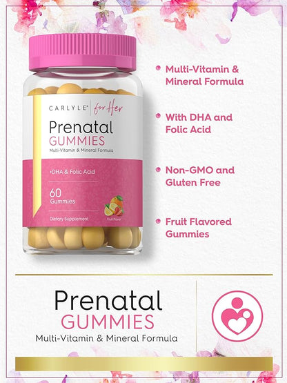 Carlyle Prenatal Gummies for Women | with DHA & Folic Acid | 60 Count | Fruit Flavor | Non-GMO, Gluten Free Supplement | for Her