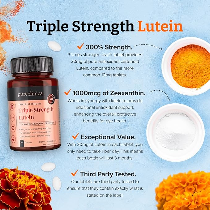 pureclinica Triple Strength Lutein 30mg x 90 Tablets. with 1000mcg Zeaxanthin - 3 Months Supply