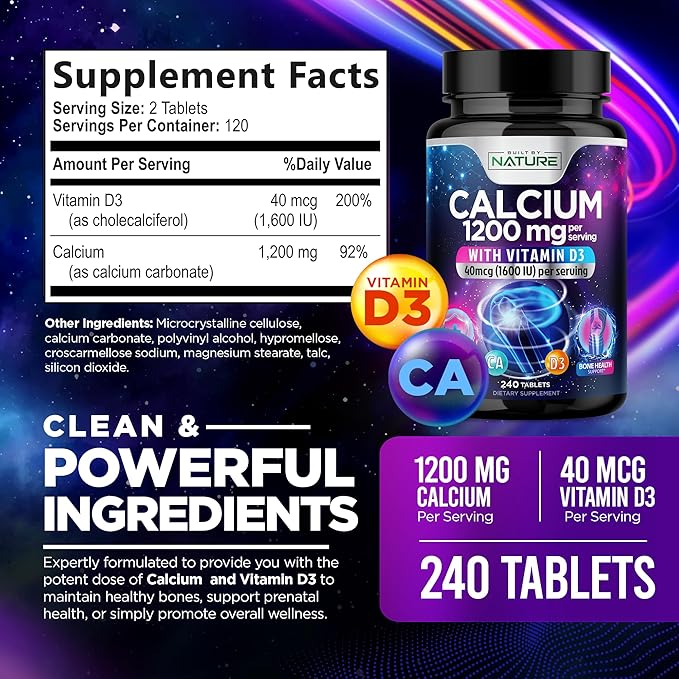 Calcium 1200mg with Vitamin D3 for Best Absorption - Advanced Bone Support Supplement, 1200 mg Calcium Carbonate & 1600 IU Vitamin D3, Slow Release for Immune Support, Easy to Swallow, 240 Tablets