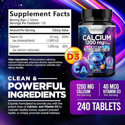 Calcium 1200mg with Vitamin D3 for Best Absorption - Advanced Bone Support Supplement, 1200 mg Calcium Carbonate & 1600 IU Vitamin D3, Slow Release for Immune Support, Easy to Swallow, 240 Tablets