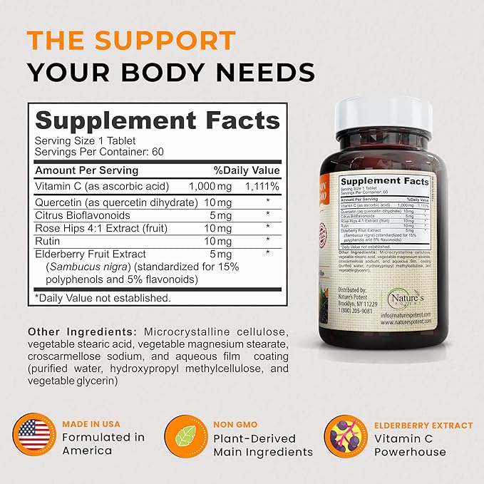 Nature's Potent Vitamin C 1000mg & Elderberry Immune Support Supplement - Vitamin C Supplements with Black Elderberry Extract - Vegetarian Immune Support Vitamins - (60 Tablets)