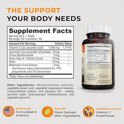 Nature's Potent Vitamin C 1000mg & Elderberry Immune Support Supplement - Vitamin C Supplements with Black Elderberry Extract - Vegetarian Immune Support Vitamins - (60 Tablets)