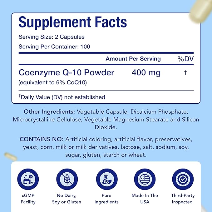 CoQ10 400mg Capsules | Vegan Friendly Coenzyme Q10 400mg per Serving from Easy Absorption Ubiquinone Supplement for Skin Heart and Energy Support | Made in the USA in cGMP Facilities (2 Pack)
