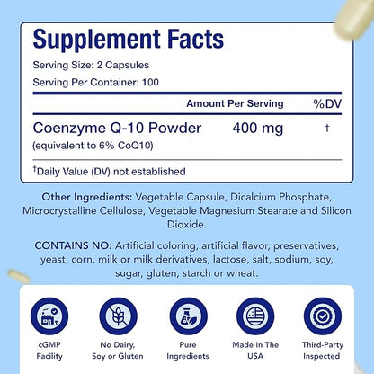 CoQ10 400mg Capsules | Vegan Friendly Coenzyme Q10 400mg per Serving from Easy Absorption Ubiquinone Supplement for Skin Heart and Energy Support | Made in the USA in cGMP Facilities (2 Pack)