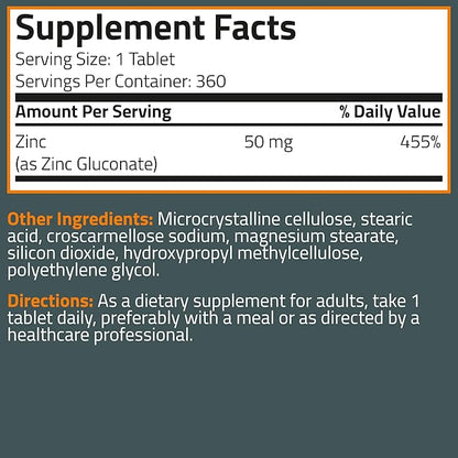 Bronson Zinc 50 MG High Potency One Year Supply Supports Immune, Antioxidant & Skin Health - Non-GMO, 360 Vegetarian Tablets