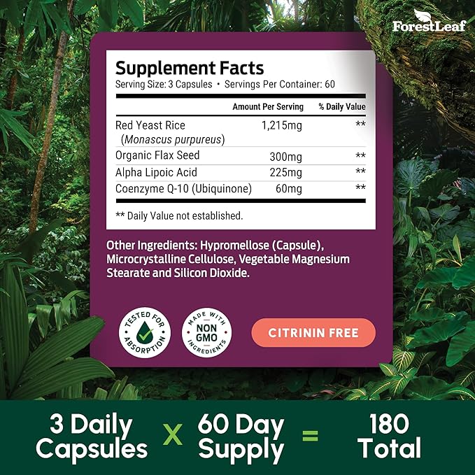 ForestLeaf Red Yeast Rice with CoQ10 Supplement - 1215mg Extra Strength Red Yeast Rice Capsules with Alpha Lipoic Acid & Organic Flaxseed, Citrinin Free - 180 Capsules