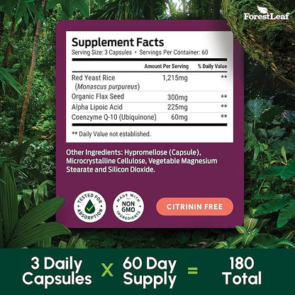ForestLeaf Red Yeast Rice with CoQ10 Supplement - 1215mg Extra Strength Red Yeast Rice Capsules with Alpha Lipoic Acid & Organic Flaxseed, Citrinin Free - 180 Capsules