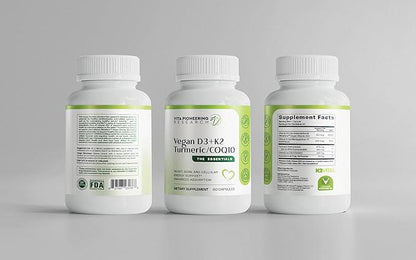 4-in-1 Plant Based Vegan Vitamin D3 2000IU + K2Vital Vitamin K2 with Turmeric and COQ10 - with Avocado Powder for Enhanced Absorption - Heart, Bone, Cellular Health Support