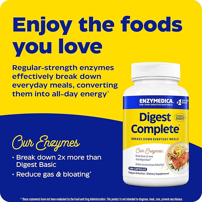 Enzymedica Digest, Full-Range, Everyday Digestive Enzymes, Offers Fast-Acting Gas & Bloating Relief, 180 Count