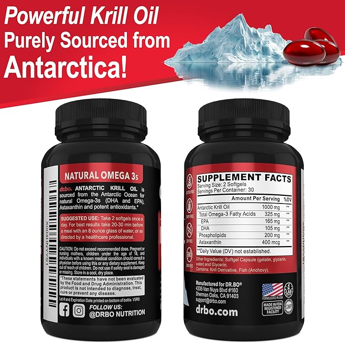 Krill Oil Omega 3 500mg - Antarctic Krill Oil 1000mg Softgels Capsules EPA, DHA, Astaxanthin, Phospholipids - Omega 3 Fatty Acids Supplements, Natural Pure Supplements for Women & Men - 60 Softgels