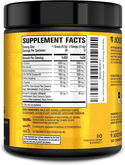 Jacked Factory Nitrosurge Build Pre Workout with Creatine for Muscle Building - Con Cret Creatine Powder & elevATP for Intense Energy, Powerful Pumps, & Endless Endurance - 30 Servings, Arctic White