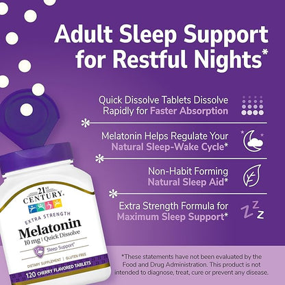 21st Century, Melatonin Quick Dissolve Tablets 10 mg, White, Cherry, 120 Count