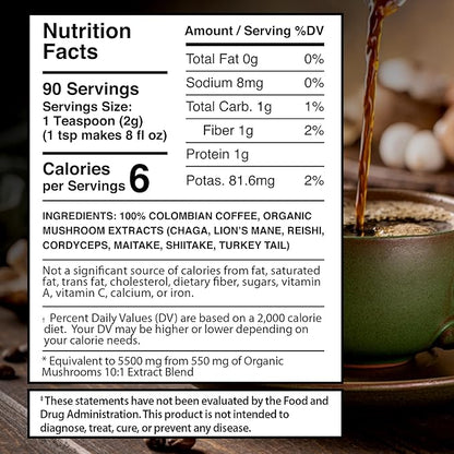 Mushroom Coffee, 90 Servings Organic Mushrooms Instant Coffea, Great Tasting Colombian Keto Coffee, 7 Superfood Mishrooms Lions Mane, Chaga, Reishi, Cordyceps, Maitake, Shiitake, and Turkey Tail
