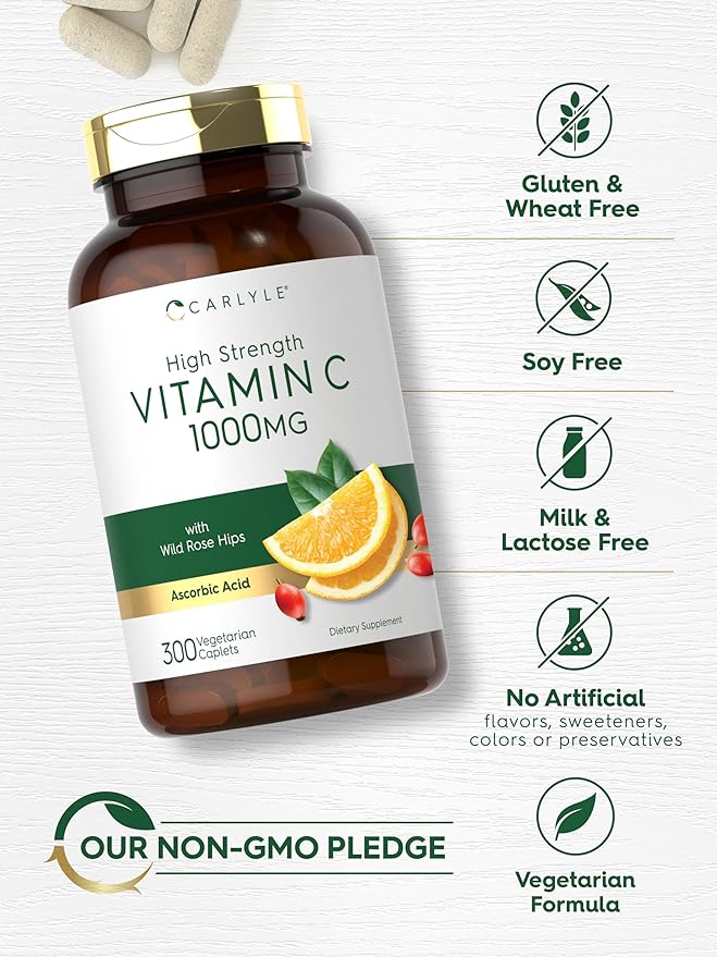 Carlyle Vitamin C 1000mg | 300 Vegetarian Caplets | Ascorbic Acid with Wild Rose HIPS | High Strength Formula | Non-GMO and Gluten Free Supplement