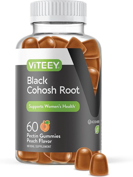 Viteey Black Cohosh for Menopause for Women - Hot Flashes and Night Sweats Relief Supplements - Black Cohosh Root - Vegan, Gelatin Free, Gluten Free, GMO Free - Tasty Chewable Peach Flavored Gummy