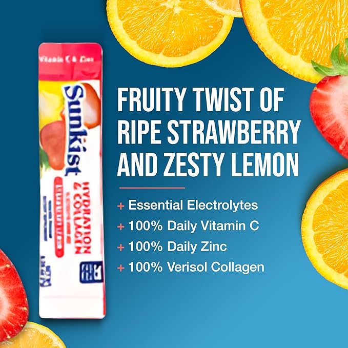The Frozen Bean Sunkist Collagen Drink Mix - Hydration Strawberry Lemon Electrolyte Drink for Women with Vitamin C, Zinc, Collagen Peptides, Naturally Flavored - 20 Pack