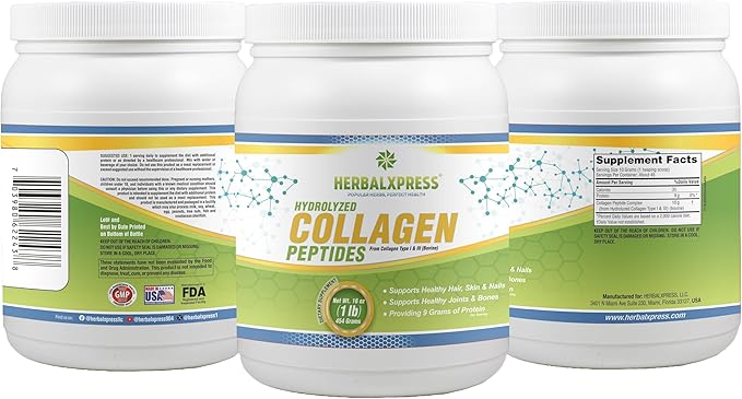Herbalxpress Hydrolyzed Collagen Peptides Powder 454 Grams (16 oz) (1 Pound) - Providing 9 Grams of Protein per Serving - Type I & III (Bovine).
