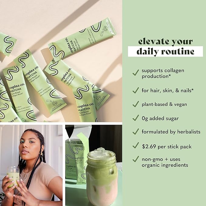 Matcha Beauty Vegan Collagen Booster Drink Blend: Plant Based Collagen Support Smoothie Drink Vegan Blend Variety Pack | Matcha Flavor || 3 Cartons, 10 Individual Servings per Carton