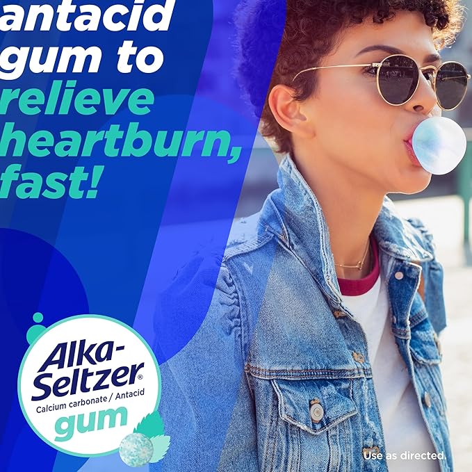 Alka-Seltzer Cool Action Heartburn Relief Gum, Extra Strength Antacid Gum, Acid Indigestion and Upset Stomach Relief, No Chalky Taste, Cool Mint Flavor, 60 Count