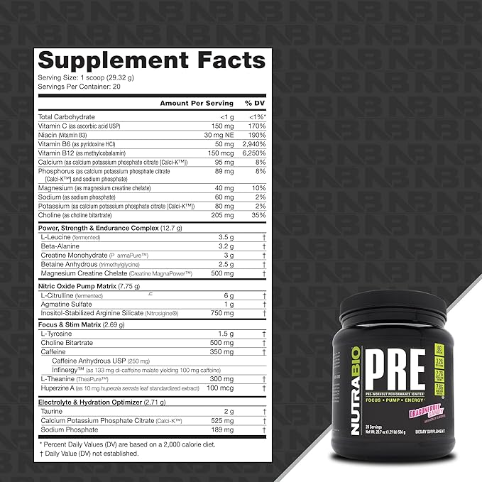 NutraBio PRE Workout Powder - Old Formula- Sustained Energy, Mental Focus, Endurance - Beta Alanine, Creatine, Caffeine, Electrolytes - 20 Servings - Dragonfruit Candy