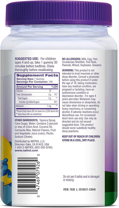 Natrol Kids Melatonin 1 mg, Dietary Supplement for Restful Sleep, Melatonin Gummies for Kids, 140 Raspberry-Flavored Gummies, Up to a 140 Day Supply