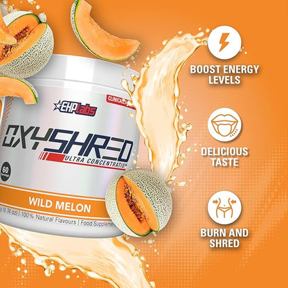 EHP Labs OxyShred Pre Workout Powder & Shredding Supplement - Preworkout Powder with L Glutamine & Acetyl L Carnitine, Energy Boost Drink - Wild Melon, 60 Servings
