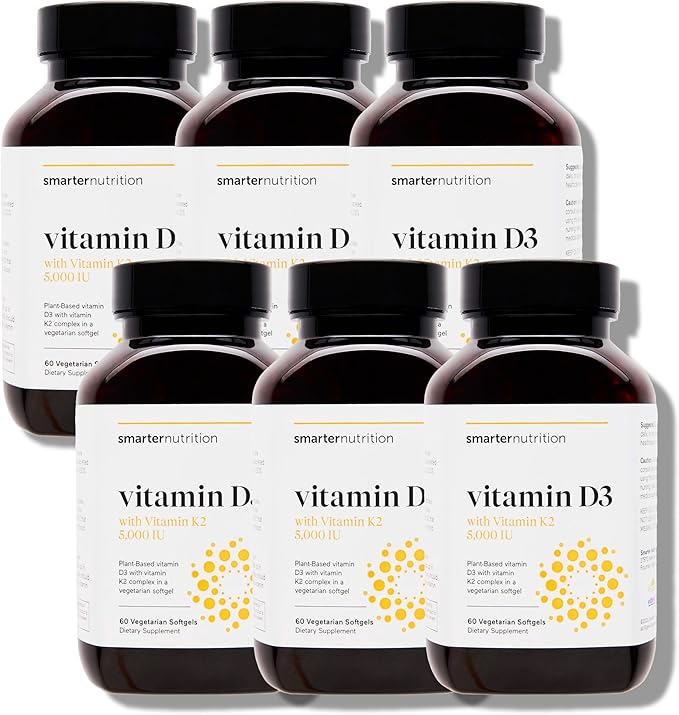 SMARTERNUTRITION Smarter Nutrition Vegan Vitamin D3 5000 IU + Natural Vitamin K2 1100 mcg in Organic Coconut & Olive Oil - D3 K2 Supplement for Immune & Bone Support - 360 Softgels[180 Day Supply]