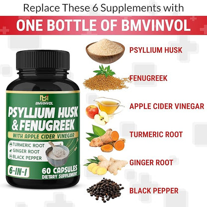 BMVINVOL 6in1 Psyllium Husk, Fenugreek, Apple Cider Vinegar, Turmeric, Ginger, Black Pepper - Soluble Fiber for Supports Digestive Health & Regularity (60 Capsules)