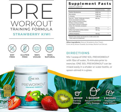 One Sol Pre-Workout for Women, Enhanced Pump & Focus, No Jitters Or Crash, Natural Ingredients, 100% Vegan, Gluten Free & Soy Free, (Strawberry Kiwi)