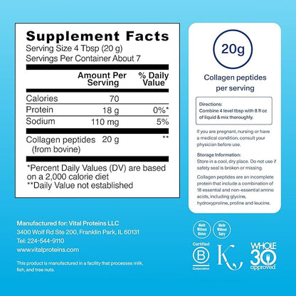Vital Proteins Collagen Peptides Powder Supplement for Skin Hair Nail Joint Health or Support - Hydrolyzed Collagen - Unflavored, 7 Servings