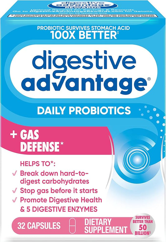 Digestive Enzyme and Probiotic Capsule- Digestive Advantage 32 Capsules, Survives 100x Better than regular 50 billion CFU, Breaks down food, helps prevent gas