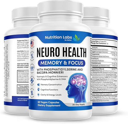 Nootropics and Cognitive Support for Brain Health Enhancer Vegan Supplement - Mental Focus Memory Supplement, Performance Blend, w/Energy and Vitamins DMAE Bacopa Phosphatidylserine Capsules