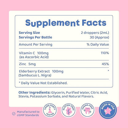 JoySpring Vitamin C and Zinc for Kids, Elderberry Liquid Supplement | Alcohol-Free Toddler Vitamin C | 2+ Years | (2 fl oz) 30 Servings