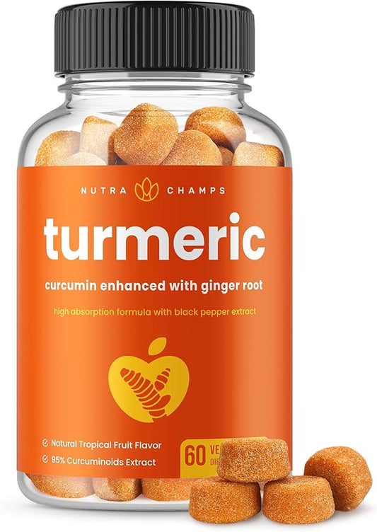 NutraChamps Turmeric Gummies for Adults & Kids with Ginger & Black Pepper Extract, 95% Curcuminoids, Vegan Natural Curcumin Joint Support Supplement, Tumeric Gummy Supplements