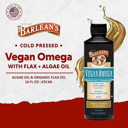 Barlean's Vegan Omega Liquid Flax and Algae Oil Plant Based EPA DHA Supplement from Algal Oil and Organic Flaxseed, Omegas 3 6 and 9 Fatty Acid Supplements, 16 Ounces