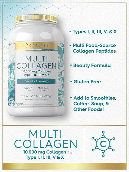 Carlyle Multi Collagen Peptides Powder 40 oz | 10000 mg | Type I, II, III, V & X | Collagen Peptides Supplement with Protein | Multi Food Sourced Collagen | Gluten Free