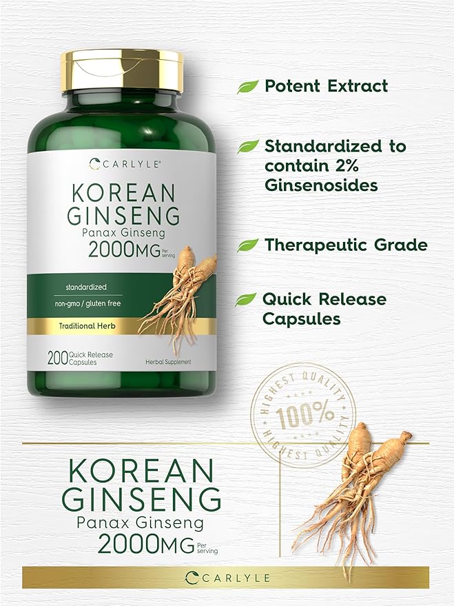 Carlyle Korean Ginseng Extract Capsules 2000 mg | 200 Capsules | Non-GMO and Gluten Free Formula | Standardized Panax Ginseng Supplement